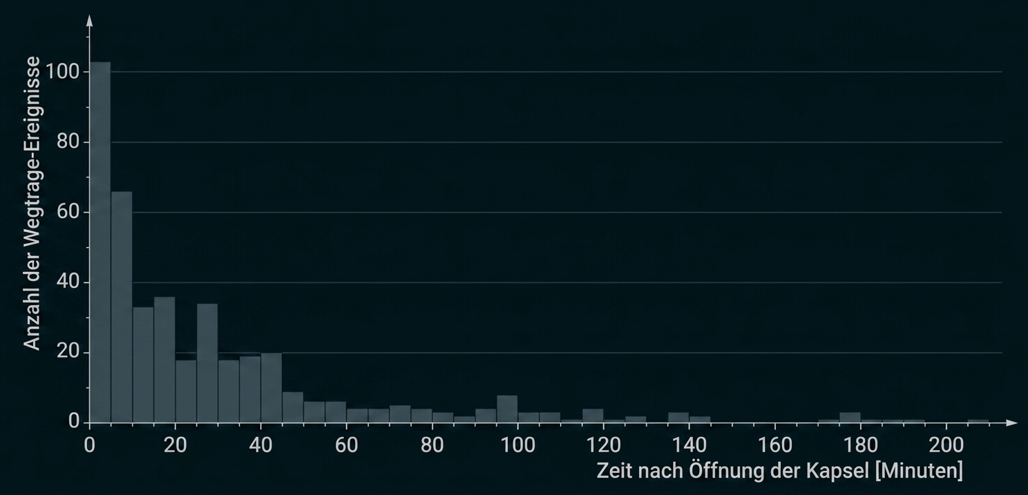 Histogramm zur Verteilung der Wagentage-Ereignisse nach Zeit seit Öffnung der Kapsel.